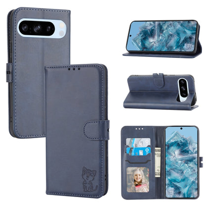 For Google Pixel 9 Pro Embossed Happy Cat Pattern Flip Leather Phone Case(Blue) - Google Cases by PMC Jewellery | Online Shopping South Africa | PMC Jewellery | Buy Now Pay Later Mobicred