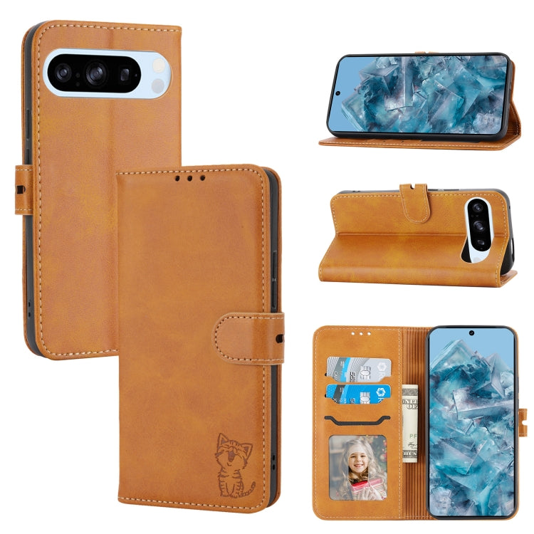 For Google Pixel 9 Pro Embossed Happy Cat Pattern Flip Leather Phone Case(Yellow) - Google Cases by PMC TechLife | Online Shopping South Africa | PMC TechLife | Buy Now Pay Later Mobicred