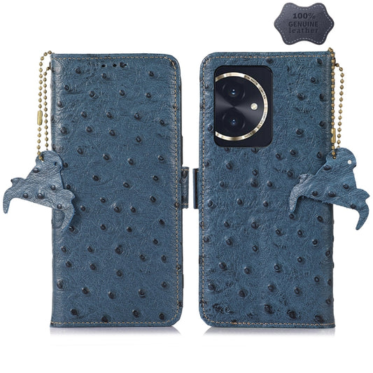 For Honor 100 5G Ostrich Pattern Genuine Leather RFID Phone Case(Blue) - Honor Cases by PMC Jewellery | Online Shopping South Africa | PMC Jewellery | Buy Now Pay Later Mobicred