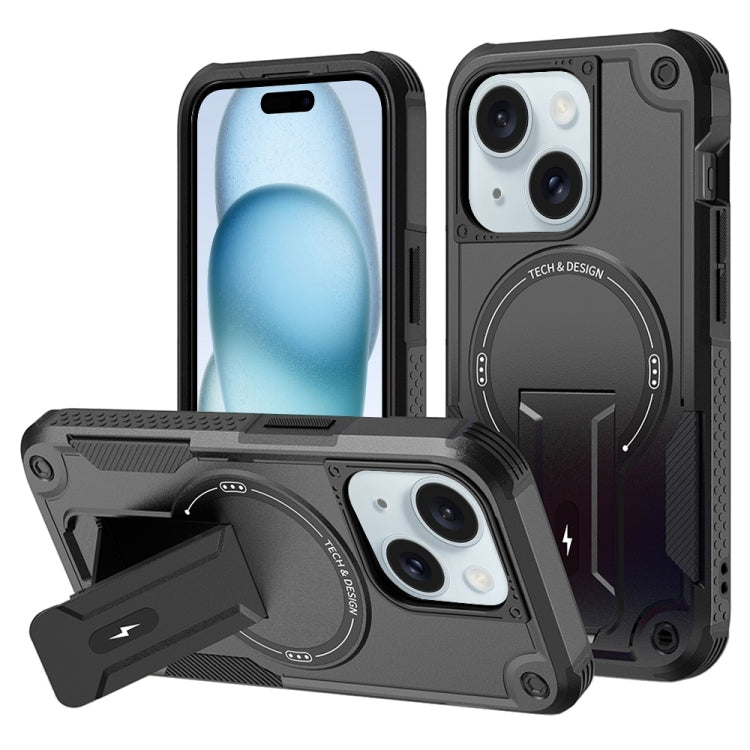 For iPhone 15 Plus MagSafe Holder Armor PC Hybrid TPU Phone Case(Black) - iPhone 15 Plus Cases by PMC TechLife | Online Shopping South Africa | PMC TechLife