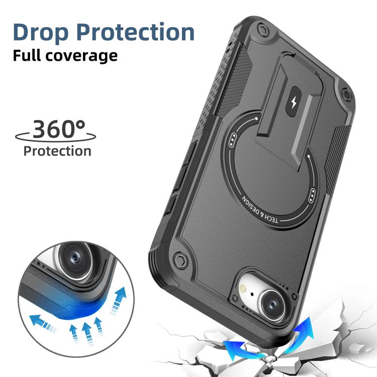 For iPhone 16e Armor Magsafe Holder PC Hybrid TPU Phone Case(Black) - iPhone 16e Cases by PMC TechLife | Online Shopping South Africa | PMC TechLife | Buy Now Pay Later Mobicred
