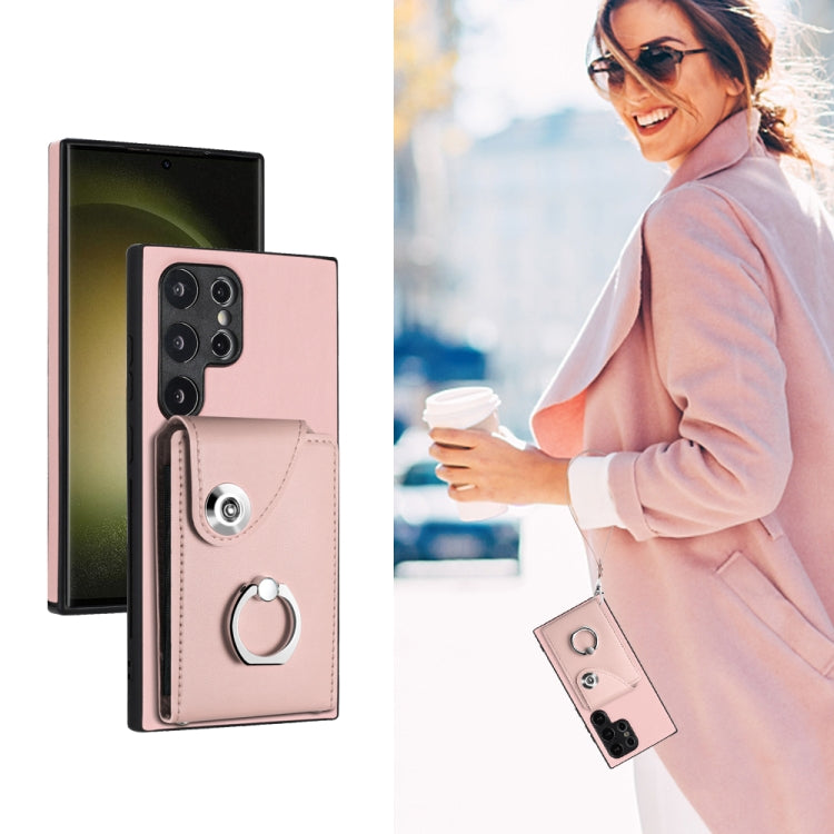 For Samsung Galaxy S24 Ultra 5G Organ Card Bag Ring Holder PU Phone Case with Lanyard(Pink) - Galaxy S24 Ultra 5G Cases by PMC Jewellery | Online Shopping South Africa | PMC Jewellery