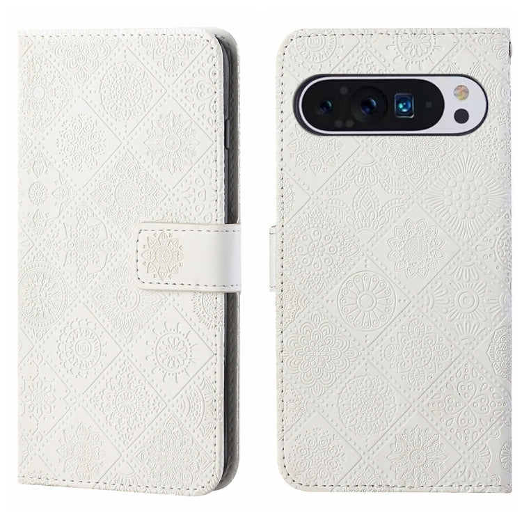 For Google Pixel 9 / 9 Pro Ethnic Style Embossed Pattern Leather Phone Case(White) - Google Cases by PMC TechLife | Online Shopping South Africa | PMC TechLife | Buy Now Pay Later Mobicred