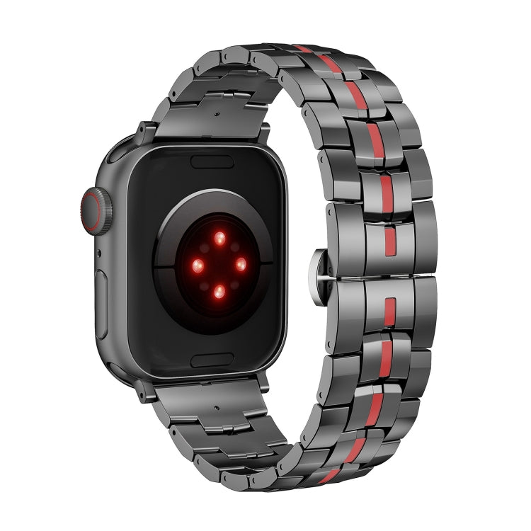 For Apple Watch Series 3 38mm Butterfly Buckle 5-Beads Metal Watch Band(Black Red) - Watch Bands by PMC Jewellery | Online Shopping South Africa | PMC Jewellery