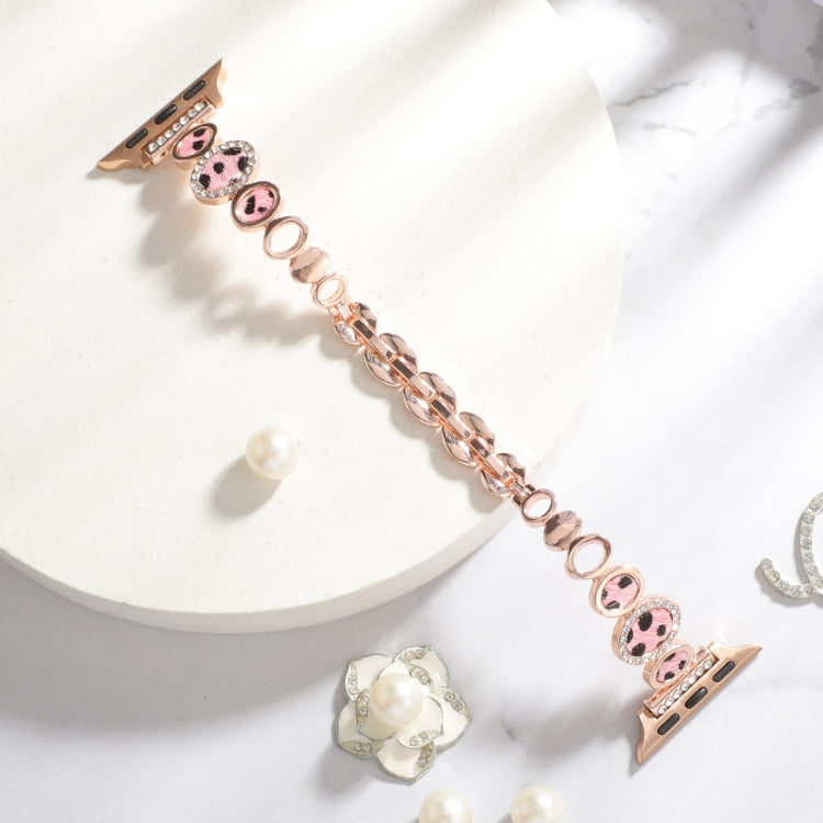 For Apple Watch Series 9 41mm Leopard Rhinestones Metal Chain Watch Band(Rose Gold) - Watch Bands by PMC Jewellery | Online Shopping South Africa | PMC Jewellery