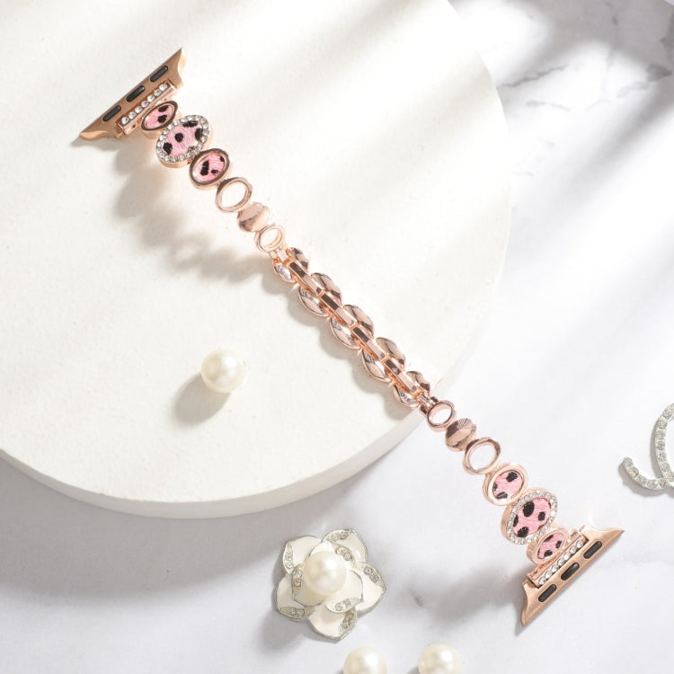 For Apple Watch Series 5 44mm Leopard Rhinestones Metal Chain Watch Band(Rose Gold) - Watch Bands by PMC Jewellery | Online Shopping South Africa | PMC Jewellery