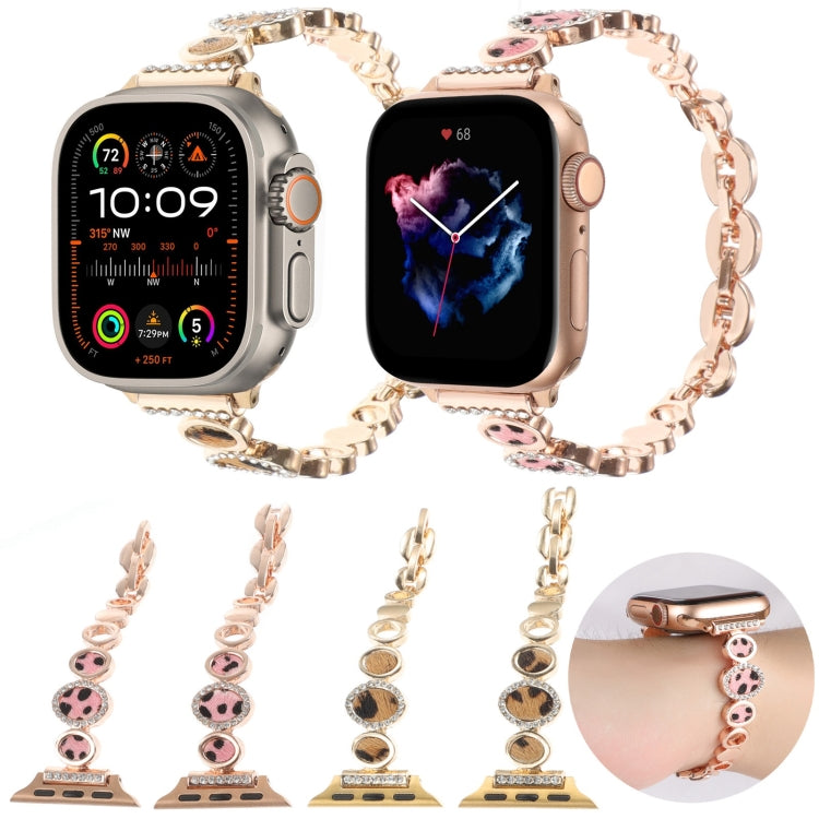 For Apple Watch SE 2022 40mm Leopard Rhinestones Metal Chain Watch Band(Gold) - Watch Bands by PMC Jewellery | Online Shopping South Africa | PMC Jewellery