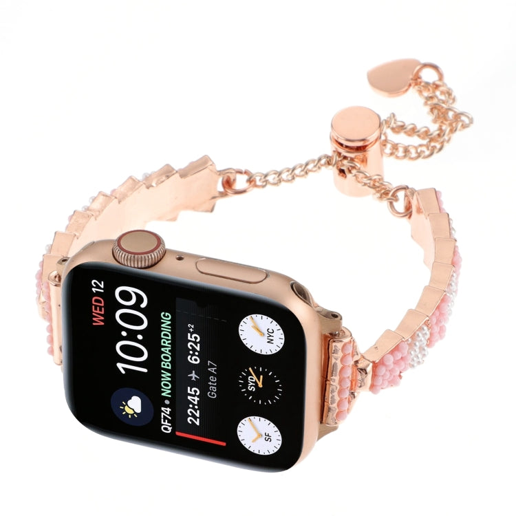 For Apple Watch SE 2022 44mm Shell Beads Chain Bracelet Metal Watch Band(Pink White Rose Gold) - Watch Bands by PMC Jewellery | Online Shopping South Africa | PMC Jewellery