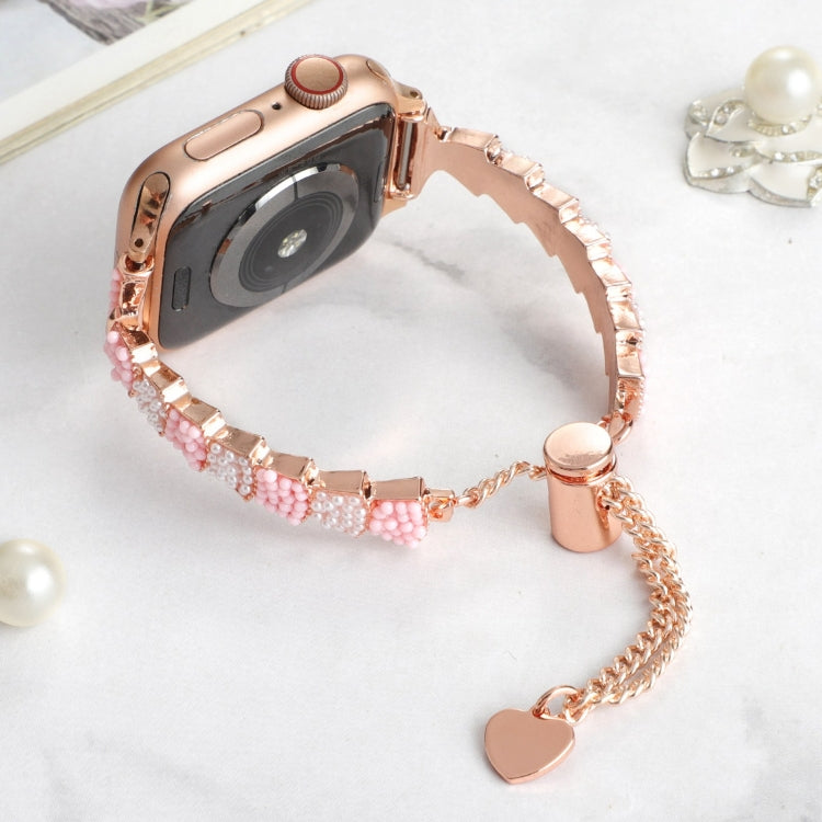 For Apple Watch SE 40mm Shell Beads Chain Bracelet Metal Watch Band(Pink White Rose Gold) - Watch Bands by PMC Jewellery | Online Shopping South Africa | PMC Jewellery