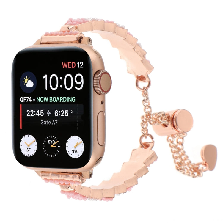 For Apple Watch 38mm Shell Beads Chain Bracelet Metal Watch Band(Pink White Rose Gold) - Watch Bands by PMC Jewellery | Online Shopping South Africa | PMC Jewellery