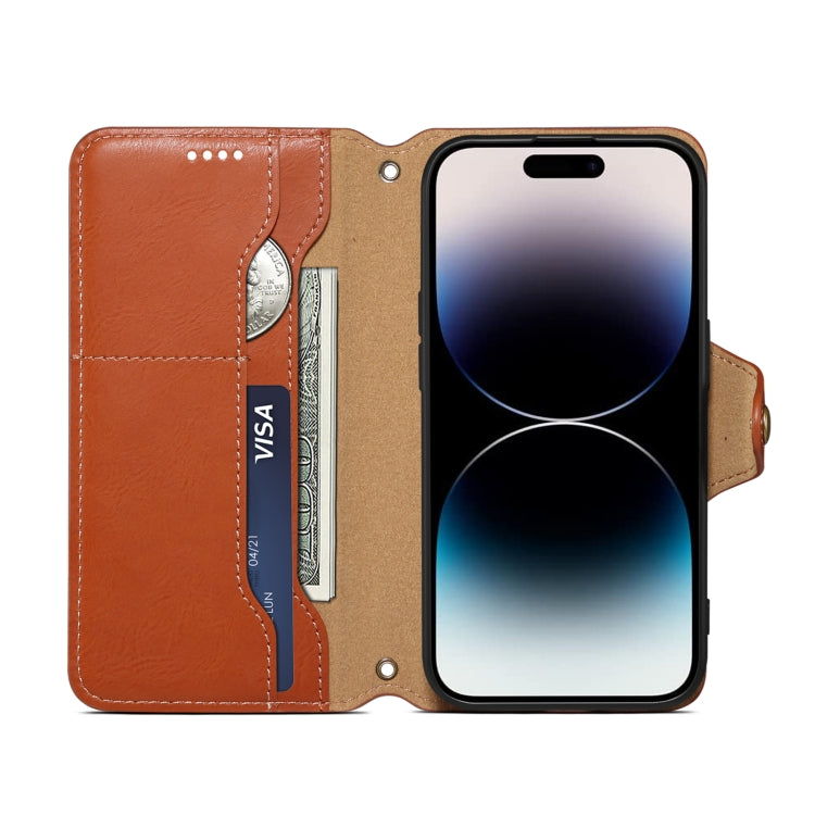 For iPhone 16 Denior Cowhide Texture Wallet Style Leather Phone Case(Brown) - iPhone 16 Cases by Denior | Online Shopping South Africa | PMC Jewellery | Buy Now Pay Later Mobicred