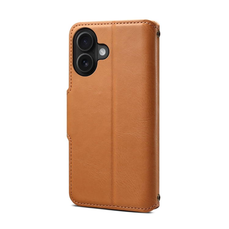 For iPhone 16 Denior Cowhide Texture Wallet Style Leather Phone Case(Khaki) - iPhone 16 Cases by Denior | Online Shopping South Africa | PMC Jewellery | Buy Now Pay Later Mobicred