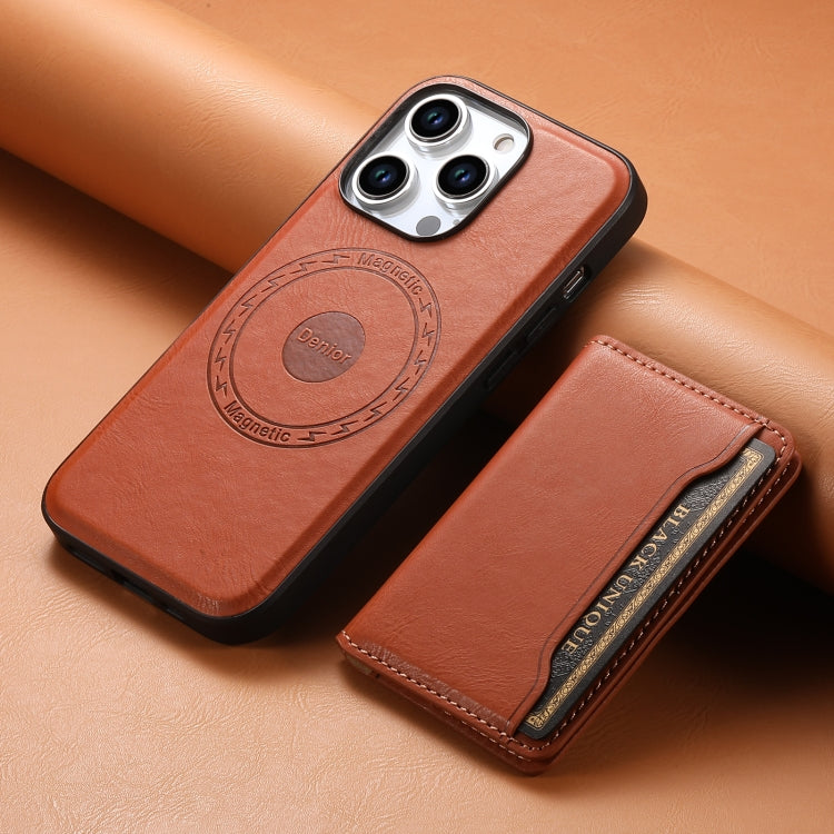 For iPhone 15 Denior Cowhide Texture Leather MagSafe Detachable Wallet Phone Case(Brown) - iPhone 15 Cases by Denior | Online Shopping South Africa | PMC Jewellery | Buy Now Pay Later Mobicred