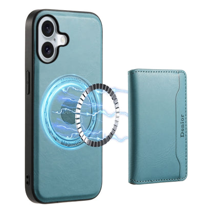 For iPhone 16 Plus Denior Cowhide Texture Leather MagSafe Detachable Wallet Phone Case(Blue) - iPhone 16 Plus Cases by Denior | Online Shopping South Africa | PMC Jewellery | Buy Now Pay Later Mobicred