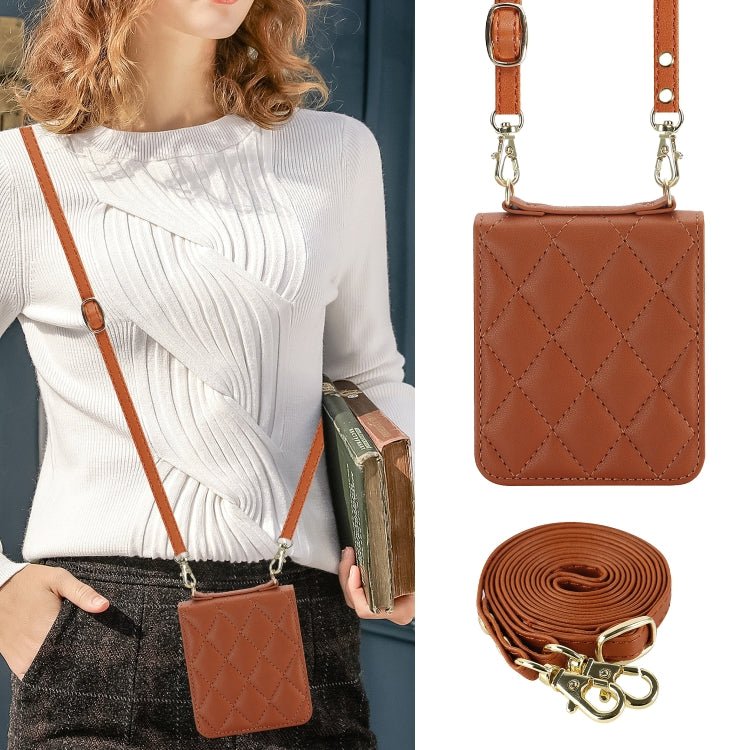 For Motorola Razr 40 Rhombic Texture Phone Case with Long & Short Lanyard(Brown) - Motorola Cases by PMC TechLife | Online Shopping South Africa | PMC TechLife | Buy Now Pay Later Mobicred