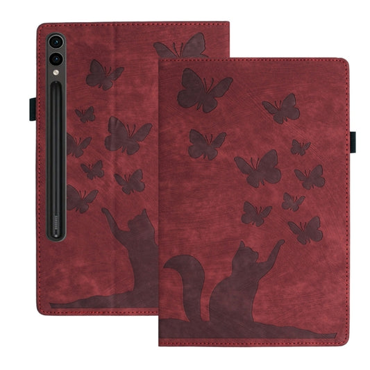 For Samsung Galaxy Tab S9 Ultra / S8 Ultra Butterfly Cat Embossing Leather Tablet Case(Red) - Galaxy Tab S9 Ultra Cases by PMC Jewellery | Online Shopping South Africa | PMC Jewellery | Buy Now Pay Later Mobicred