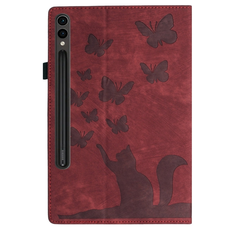 For Samsung Galaxy Tab S9 Ultra / S8 Ultra Butterfly Cat Embossing Leather Tablet Case(Red) - Galaxy Tab S9 Ultra Cases by PMC Jewellery | Online Shopping South Africa | PMC Jewellery | Buy Now Pay Later Mobicred