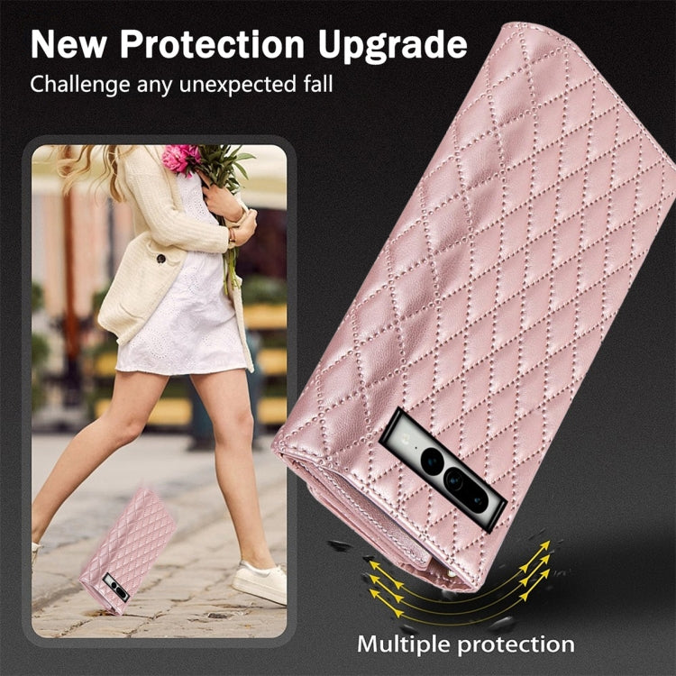 For Google Pixel 8 Pro Zipper Multi-Card Wallet Rhombic Leather Phone Case(Rose Gold) - Google Cases by PMC TechLife | Online Shopping South Africa | PMC TechLife | Buy Now Pay Later Mobicred