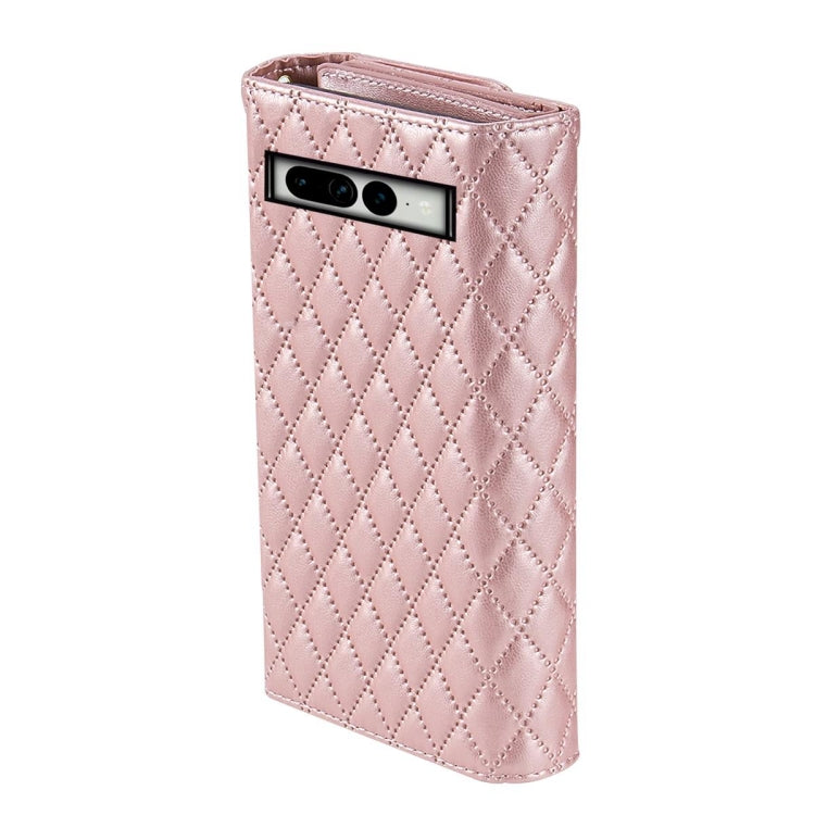 For Google Pixel 7 Zipper Multi-Card Wallet Rhombic Leather Phone Case(Rose Gold) - Google Cases by PMC TechLife | Online Shopping South Africa | PMC TechLife | Buy Now Pay Later Mobicred