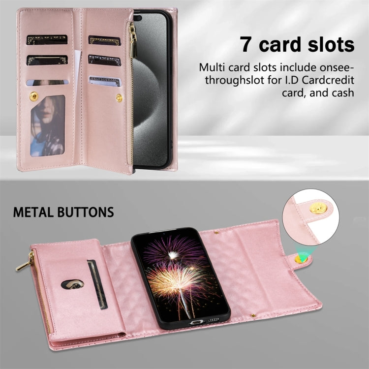 For Google Pixel 7a Zipper Multi-Card Wallet Rhombic Leather Phone Case(Rose Gold) - Google Cases by PMC TechLife | Online Shopping South Africa | PMC TechLife | Buy Now Pay Later Mobicred