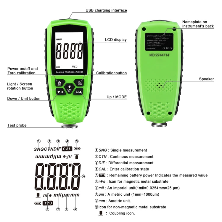 RZ859 Metal Coating Thickness Gauge(Green) - Coating Thickness Gauge by PMC Jewellery | Online Shopping South Africa | PMC Jewellery | Buy Now Pay Later Mobicred