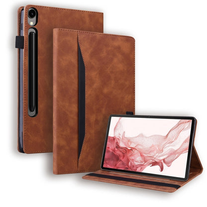 For Samsung Galaxy Tab S9 / S8 / S7 Splicing Shockproof Smart Leather Tablet Case(Brown) - Galaxy Tab S9 Cases by PMC Jewellery | Online Shopping South Africa | PMC Jewellery | Buy Now Pay Later Mobicred