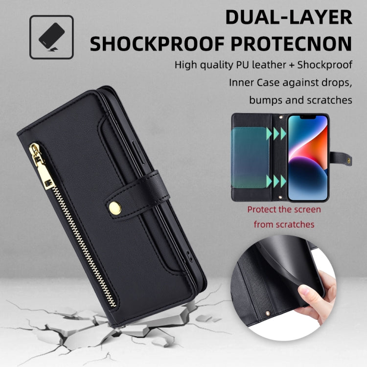 For Tecno Spark 30C 4G Sheep Texture Cross-body Zipper Wallet Leather Phone Case(Black) - Tecno Cases by PMC TechLife | Online Shopping South Africa | PMC TechLife | Buy Now Pay Later Mobicred