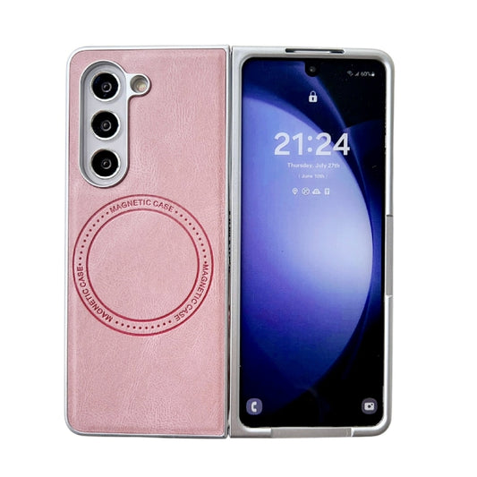 For Samsung Galaxy Z Fold5 Skin Feel Leather Texture MagSafe Pearlescent Paint Shockproof Phone Case(Pink) - Galaxy Z Fold5 Cases by PMC Jewellery | Online Shopping South Africa | PMC Jewellery