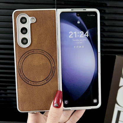 For Samsung Galaxy Z Fold5 Skin Feel Leather Texture MagSafe Pearlescent Paint Shockproof Phone Case(Brown) - Galaxy Z Fold5 Cases by PMC Jewellery | Online Shopping South Africa | PMC Jewellery