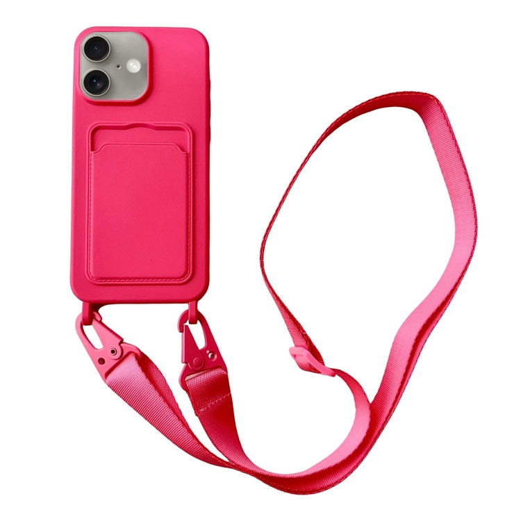 For iPhone 16 Card Slot Liquid Silicone Phone Case with Lanyard(Rose Red) - iPhone 16 Cases by PMC TechLife | Online Shopping South Africa | PMC TechLife | Buy Now Pay Later Mobicred