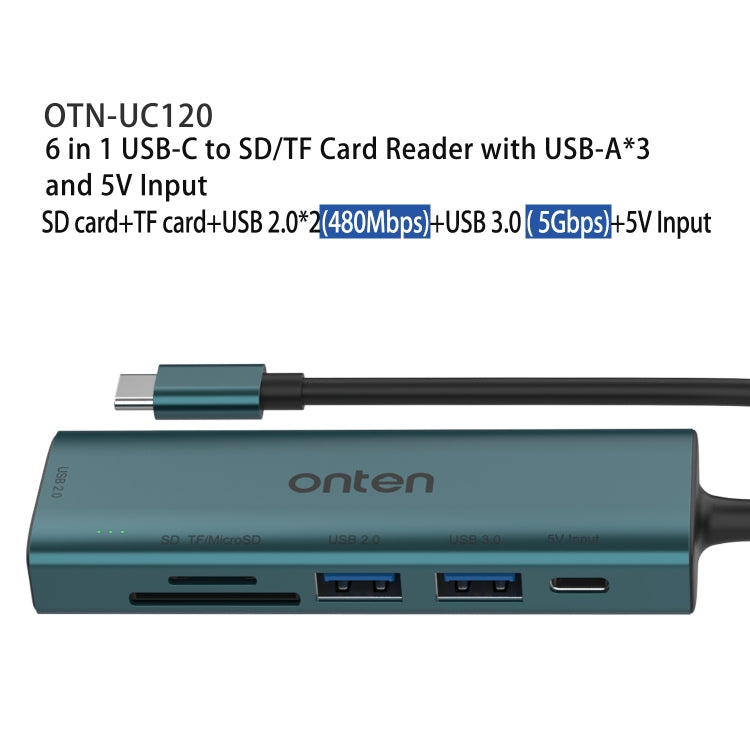 Onten UC120 6 in 1 USB-C to SD / TF Card Reader with 3-Ports USB HUB & 5V Input - USB HUB by Onten | Online Shopping South Africa | PMC Jewellery | Buy Now Pay Later Mobicred