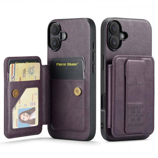 For iPhone 16 Fierre Shann Oil Wax Cow Leather Card Holder Back Phone Case(Purple) - iPhone 16 Cases by FIERRE SHANN | Online Shopping South Africa | PMC Jewellery | Buy Now Pay Later Mobicred