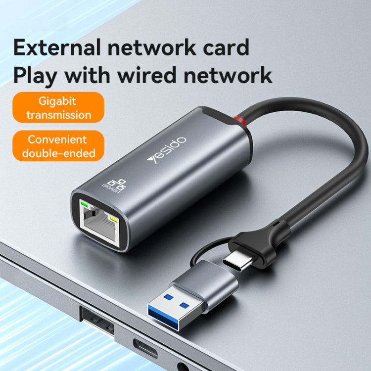 Yesido HB26 2 in 1 USB+USB-C/Type-C to Ethernet Adapter(Grey) - USB Network Adapter by Yesido | Online Shopping South Africa | PMC Jewellery | Buy Now Pay Later Mobicred