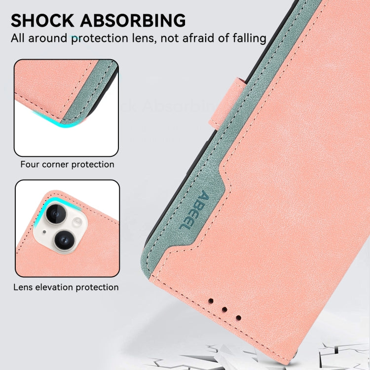 For iPhone 16 ABEEL Color Block Magnetic RFID Leather Phone Case(Pink-Cyan) - iPhone 16 Cases by PMC Jewellery | Online Shopping South Africa | PMC Jewellery | Buy Now Pay Later Mobicred