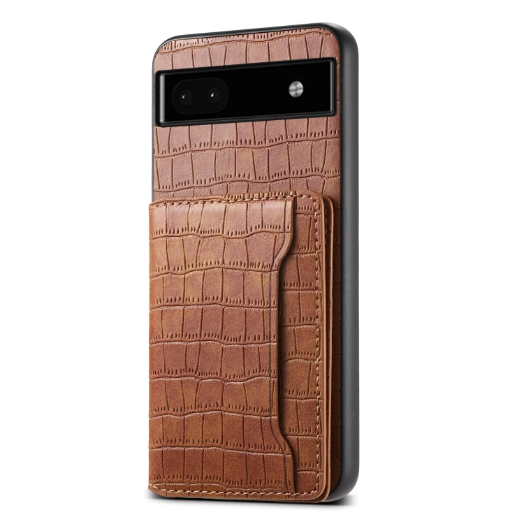 For Google Pixel 6a Crocodile Texture Card Bag Design Full Coverage Phone Case(Brown) - Google Cases by PMC TechLife | Online Shopping South Africa | PMC TechLife | Buy Now Pay Later Mobicred