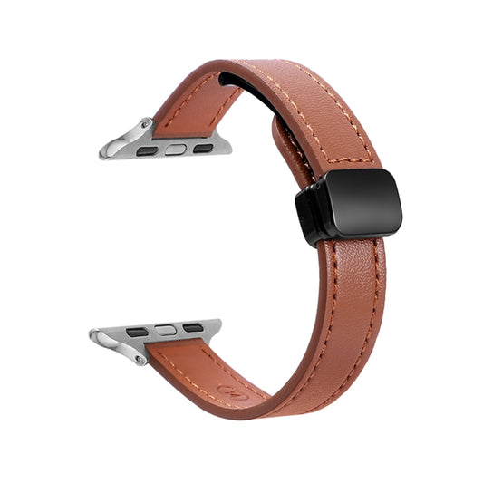 For Apple Watch SE 2023 44mm Slim Magnetic Buckle Genuine Leather Watch Band(Plain Brown) - Watch Bands by PMC Jewellery | Online Shopping South Africa | PMC Jewellery
