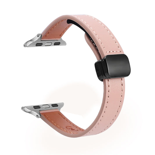 For Apple Watch SE 2023 44mm Slim Magnetic Buckle Genuine Leather Watch Band(Plain Pink) - Watch Bands by PMC Jewellery | Online Shopping South Africa | PMC Jewellery