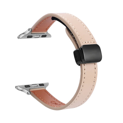 For Apple Watch SE 2023 44mm Slim Magnetic Buckle Genuine Leather Watch Band(Plain Apricot) - Watch Bands by PMC Jewellery | Online Shopping South Africa | PMC Jewellery