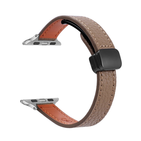 For Apple Watch SE 2023 44mm Slim Magnetic Buckle Genuine Leather Watch Band(Litchi Coffee) - Watch Bands by PMC Jewellery | Online Shopping South Africa | PMC Jewellery