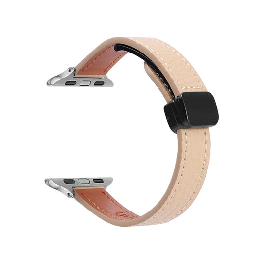 For Apple Watch SE 2023 40mm Slim Magnetic Buckle Genuine Leather Watch Band(Litchi Apricot) - Watch Bands by PMC Jewellery | Online Shopping South Africa | PMC Jewellery