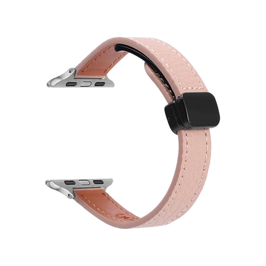 For Apple Watch SE 2023 40mm Slim Magnetic Buckle Genuine Leather Watch Band(Litchi Pink) - Watch Bands by PMC Jewellery | Online Shopping South Africa | PMC Jewellery
