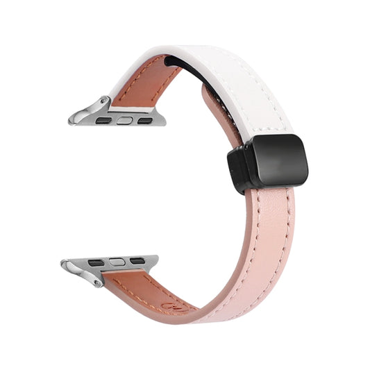 For Apple Watch Ultra 2 49mm Slim Magnetic Buckle Genuine Leather Watch Band(Plain Beige Pink) - Watch Bands by PMC Jewellery | Online Shopping South Africa | PMC Jewellery