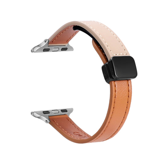 For Apple Watch Series 9 41mm Slim Magnetic Buckle Genuine Leather Watch Band(Plain Orange Apricot) - Watch Bands by PMC Jewellery | Online Shopping South Africa | PMC Jewellery