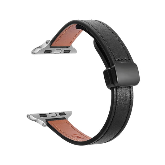 For Apple Watch Series 9 41mm Slim Magnetic Buckle Genuine Leather Watch Band(Plain Black) - Watch Bands by PMC Jewellery | Online Shopping South Africa | PMC Jewellery