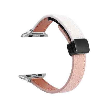 For Apple Watch Series 7 45mm Slim Magnetic Buckle Genuine Leather Watch Band(Litchi Pink Beige) - Watch Bands by PMC Jewellery | Online Shopping South Africa | PMC Jewellery