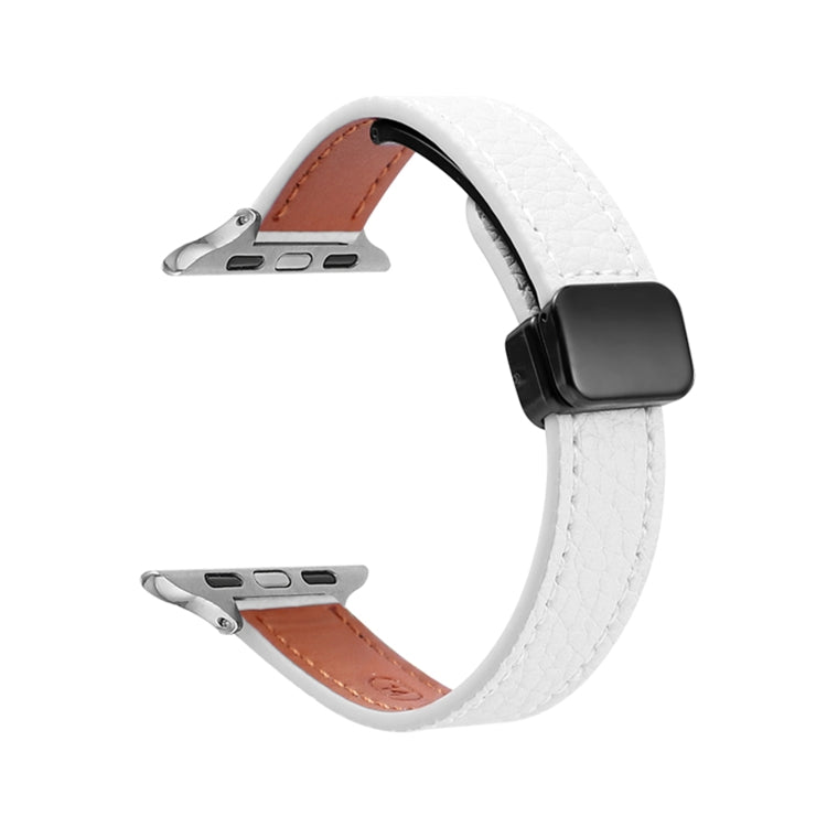 For Apple Watch Series 6 44mm Slim Magnetic Buckle Genuine Leather Watch Band(Litchi Beige) - Watch Bands by PMC Jewellery | Online Shopping South Africa | PMC Jewellery