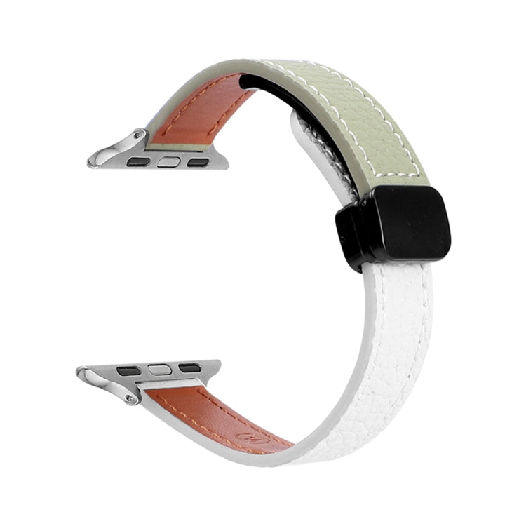 For Apple Watch Series 5 44mm Slim Magnetic Buckle Genuine Leather Watch Band(Litchi Beige Green) - Watch Bands by PMC Jewellery | Online Shopping South Africa | PMC Jewellery