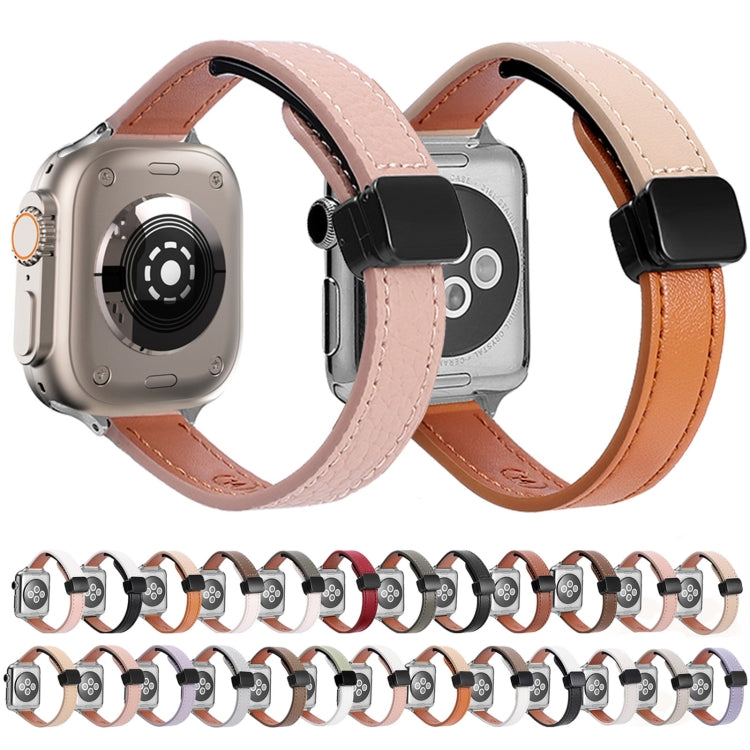 For Apple Watch Series 2 38mm Slim Magnetic Buckle Genuine Leather Watch Band(Litchi Pink) - Watch Bands by PMC Jewellery | Online Shopping South Africa | PMC Jewellery