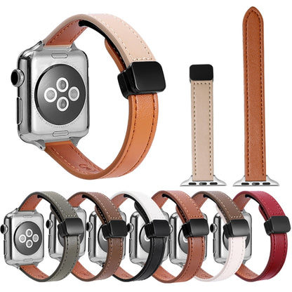 For Apple Watch Series 9 45mm Slim Magnetic Buckle Genuine Leather Watch Band(Litchi Beige) - Watch Bands by PMC Jewellery | Online Shopping South Africa | PMC Jewellery