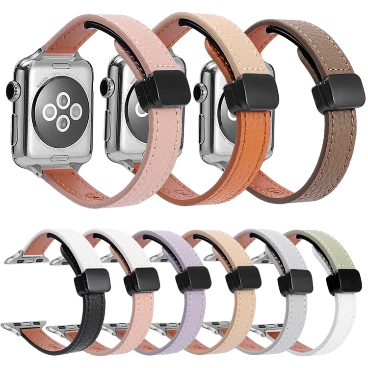 For Apple Watch Series 7 45mm Slim Magnetic Buckle Genuine Leather Watch Band(Litchi Pink Beige) - Watch Bands by PMC Jewellery | Online Shopping South Africa | PMC Jewellery